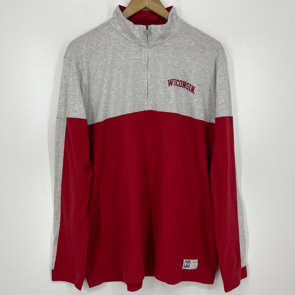 Under Armour Wisconsin Badgers Mens XL Quarter Zip Pullover Grey Red Colorblock